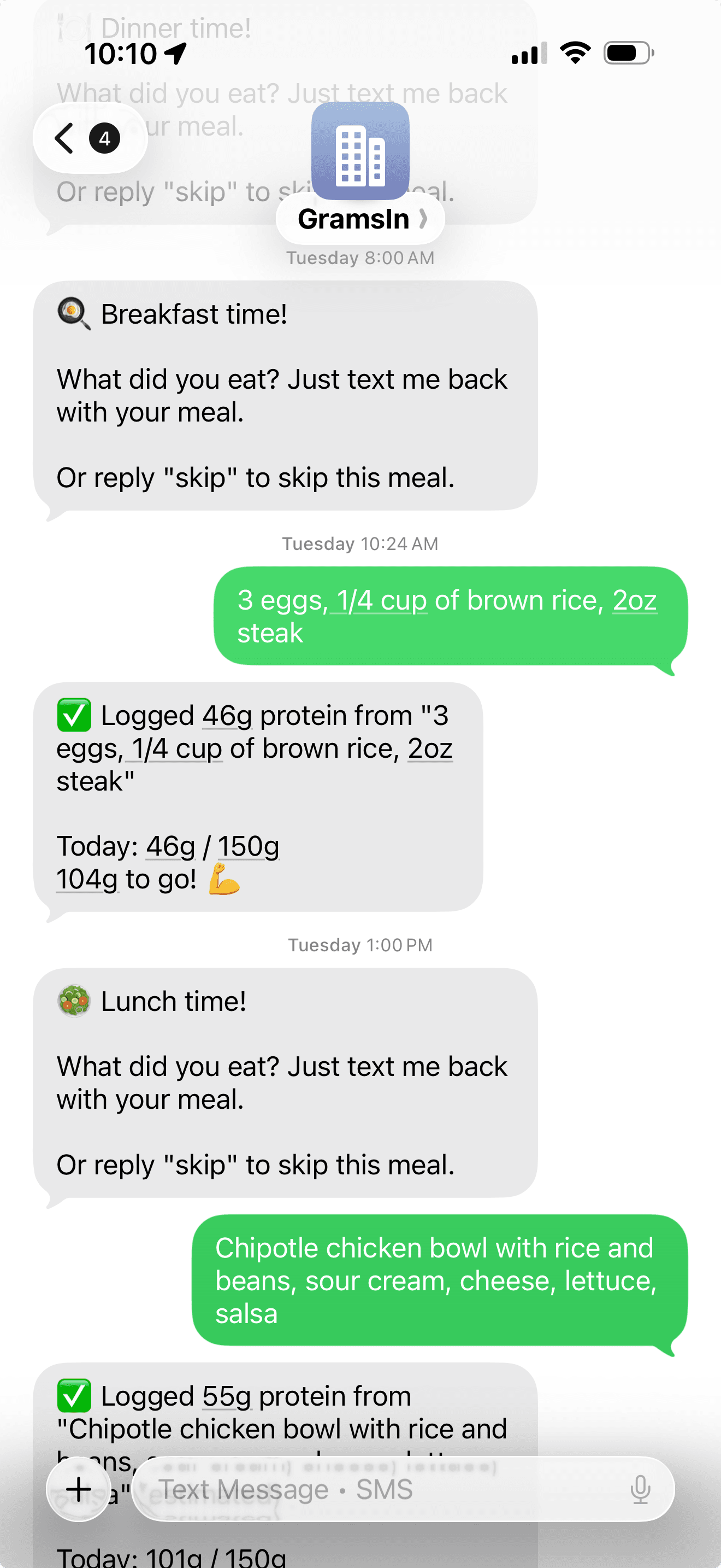 GramsIn SMS protein tracking conversation showing meal logging and instant protein calculation